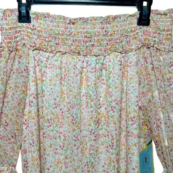 NWT CeCe Off Shoulder Smocked Floral Ruffle Cuff Blouse L Romantic Boho - Picture 4 of 13